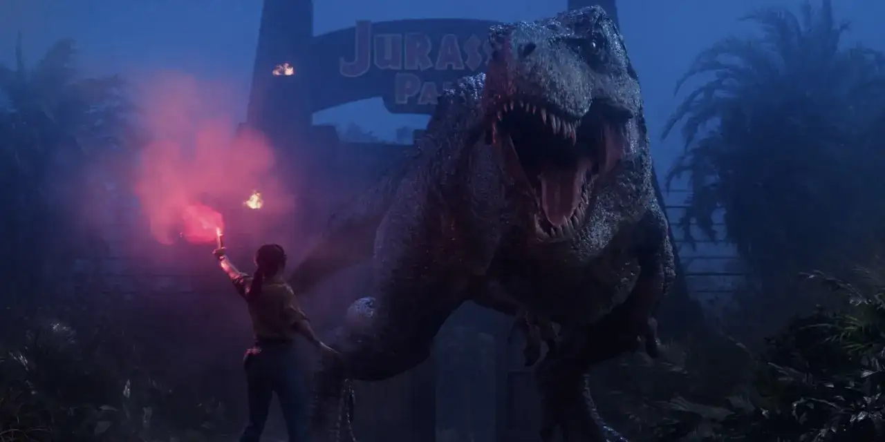 Kobieta z flarą próbuje przechytrzyć T-Rexa przed bramą Jurassic Park. To prawdziwy jurassic park survival!