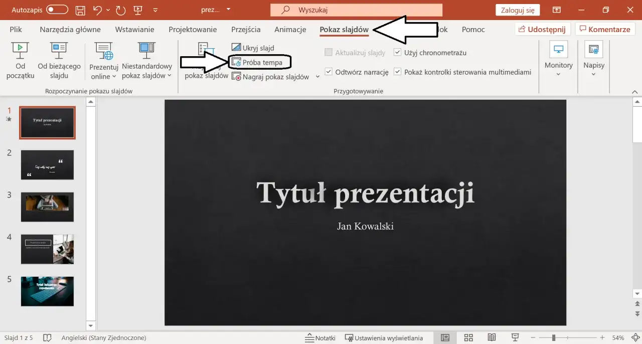 Zrzut ekranu z programu PowerPoint, pokazujący menu "Pokaz slajdów" z zaznaczoną opcją "Próba tempa".