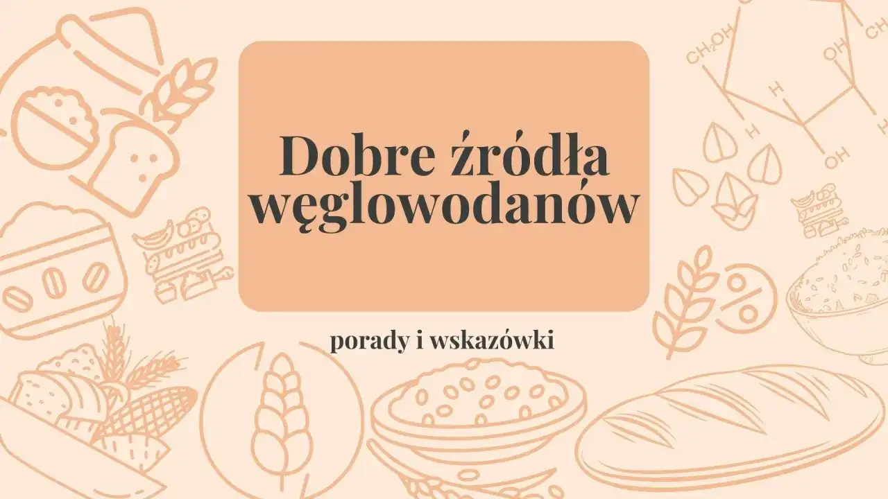 Grafika z chlebem, zbożami i bananami ilustruje, co należy do węglowodanów. Dobre źródła węglowodanów to podstawa zdrowej diety.