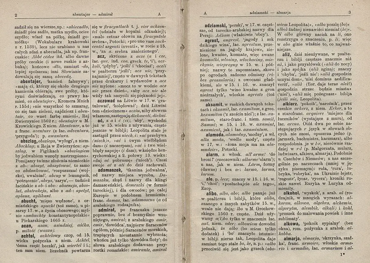 Strona z Słownika Brücknera, z hasłami od "abentajer" do "almarja".