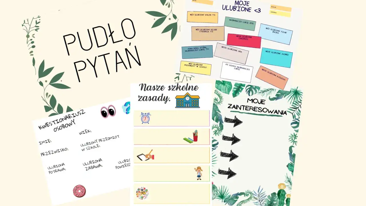 Pudło pytań, kwestionariusz osobowy, moje zainteresowania, zasady szkolne – materiały do zajęć rewalidacyjnych.