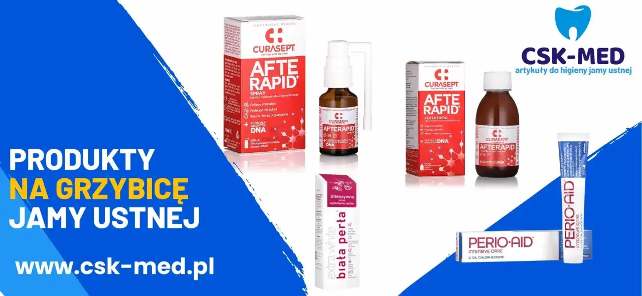 Produkty na grzybicę jamy ustnej: spray, płyn i pasta.