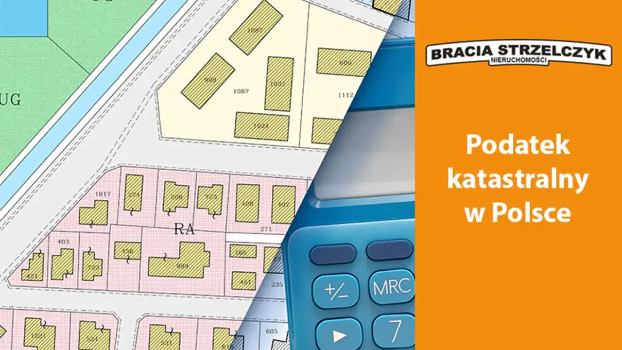 Mapa ewidencyjna i kalkulator symbolizują przegłosowany podatek katastralny w Polsce.