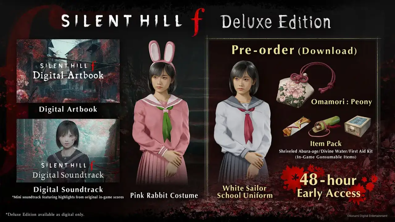 Edycja Deluxe Silent Hill f oferuje cyfrowy artbook, ścieżkę dźwiękową, strój różowego królika, biały mundurek szkolny, omamori, pakiet przedmiotów i 48-godzinny wczesny dostęp.