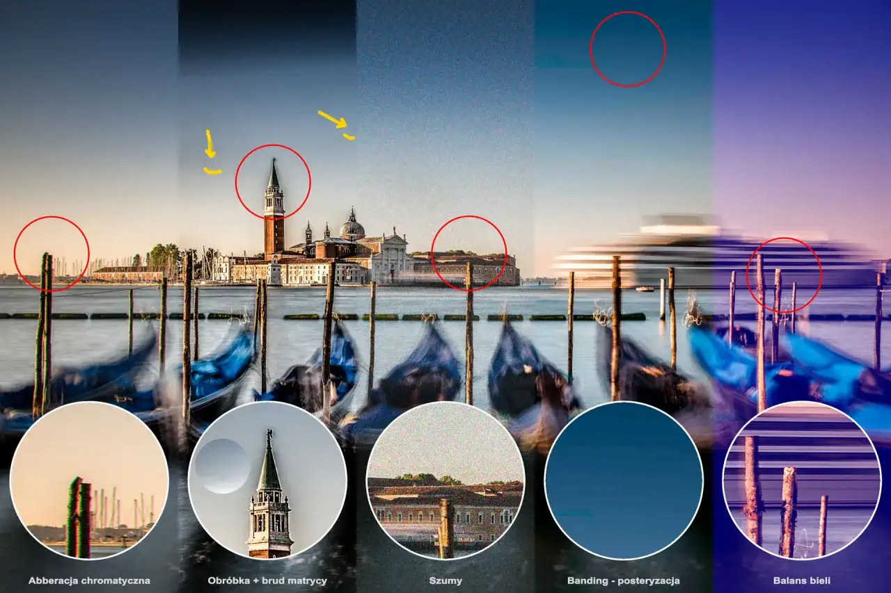 Venecja po obróbce: porównanie zdjęć raw z artefaktami: aberracja chromatyczna, szumy, banding, balans bieli.