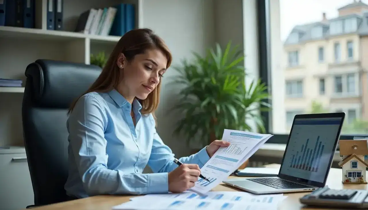 Kobieta analizuje dokumenty przy biurku z laptopem, kalkulatorem i modelem domu.