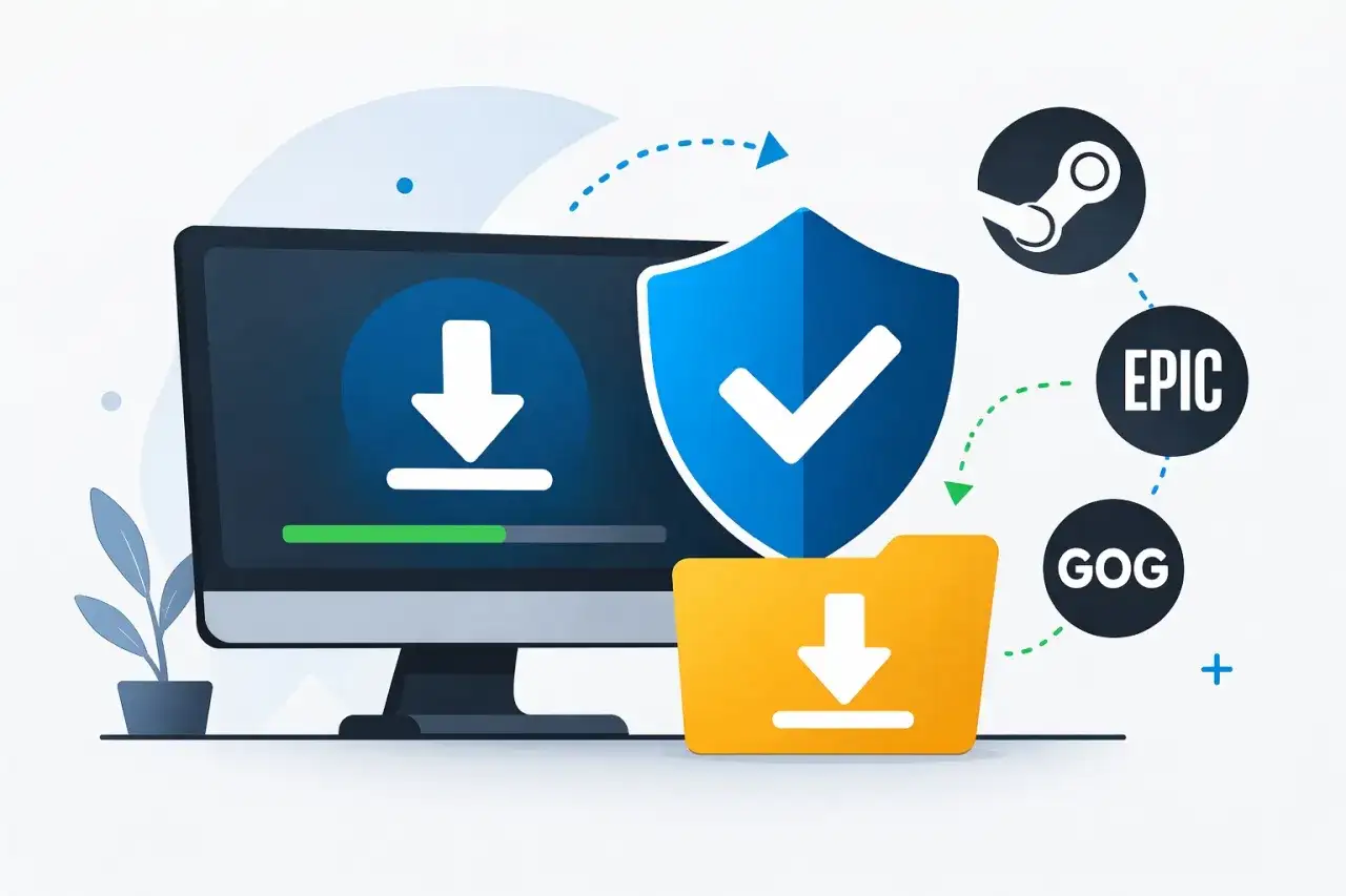 Ilustracja przedstawia komputer z ikoną pobierania, tarczę z zaznaczeniem i folder, obok logotypów platform gier.