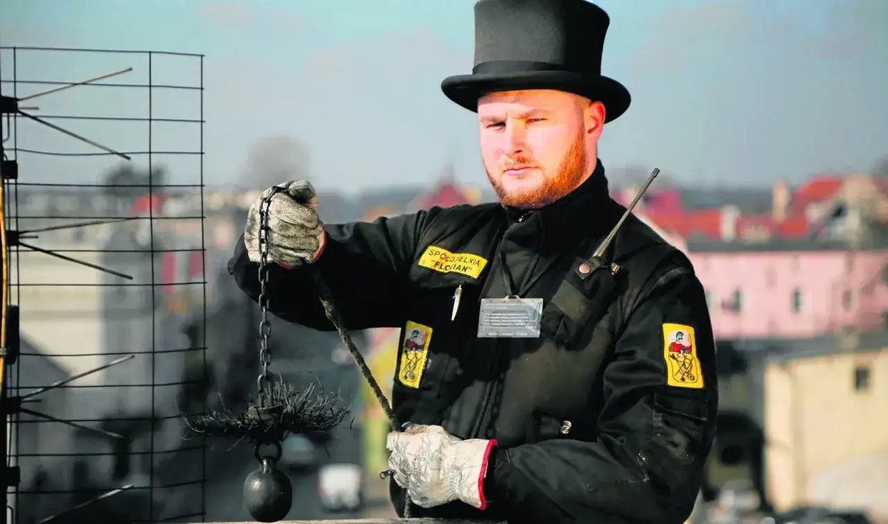 Kominiarz w czarnym cylindrze i rękawicach trzyma szczotkę i obciążnik do czyszczenia komina.