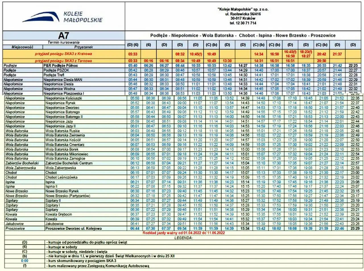 Rozkład jazdy busy nowe brzesko kraków. Koleje Małopolskie A7.