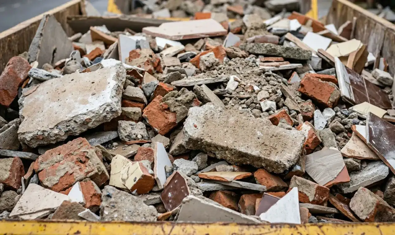 Gruz budowlany w kontenerze: potłuczona cegła, beton, płytki.