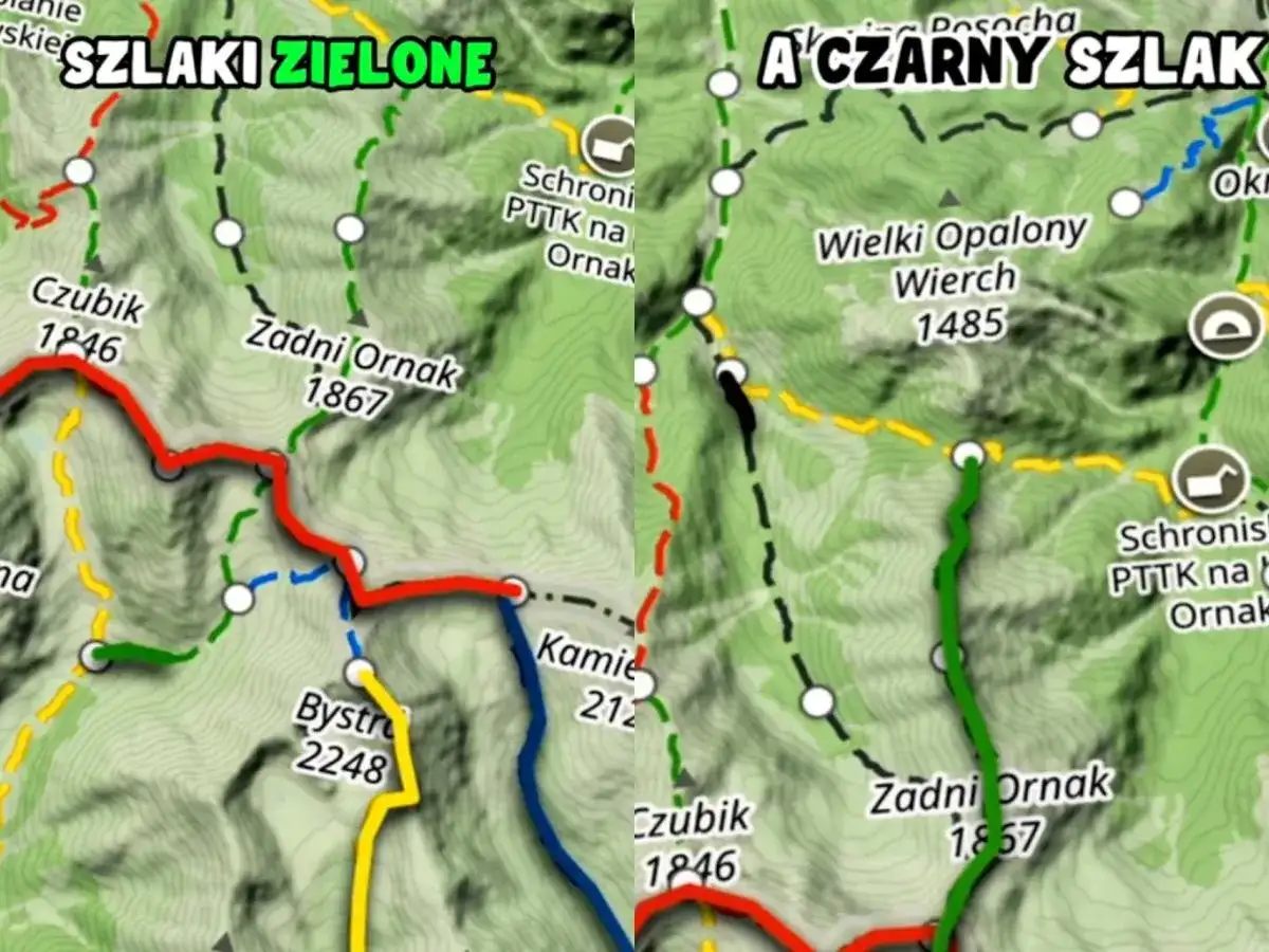 Fragment mapy turystycznej Tatr z zaznaczonymi szlakami o różnych kolorach, w tym czarnym.