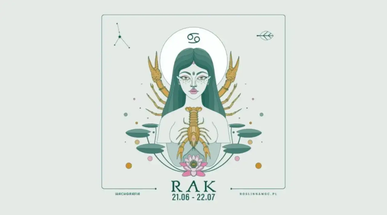 Ilustracja kobiety z rakiem, symbol zodiaku Rak, kwiat lotosu i konstelacja.