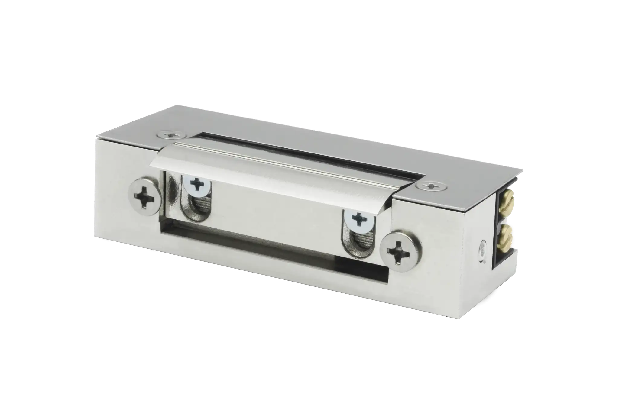 Metalowy elektrozaczep z widocznymi śrubami i zaciskami, pokazujący, jak działa elektrozaczep w praktyce.