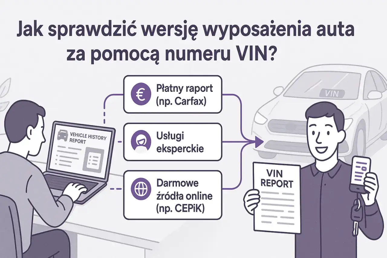 Ilustracja pokazuje, jak sprawdzić wersję wyposażenia auta po VIN, korzystając z płatnych raportów, usług eksperckich lub darmowych źródeł online.