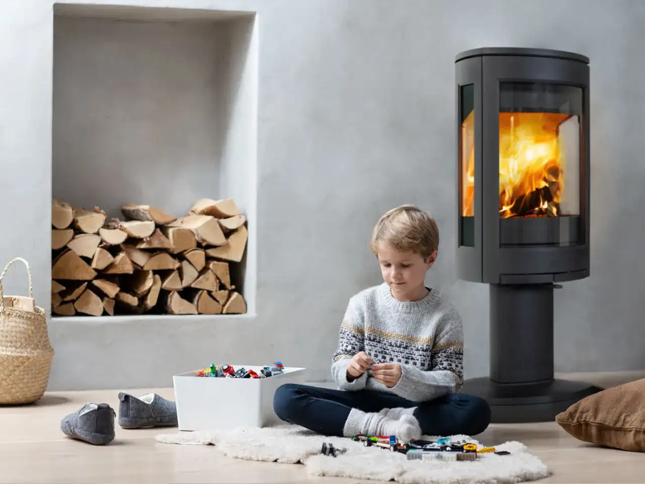Chłopiec bawi się klockami przy nowoczesnym kominku bez zabudowy, obok stosu drewna.