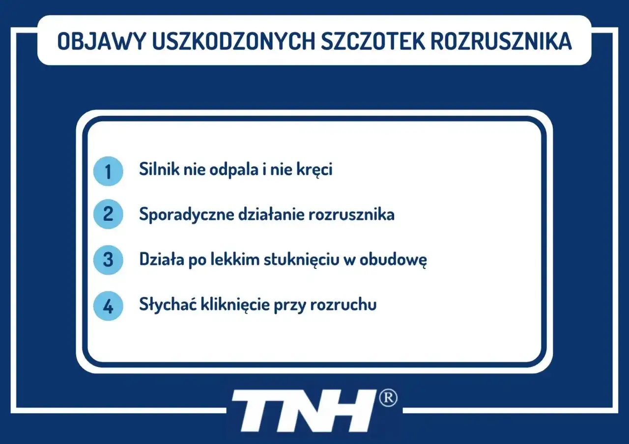 Objawy uszkodzonych szczotek rozrusznika w aucie: silnik nie odpala, sporadyczne działanie, działa po stuknięciu, słychać kliknięcie.