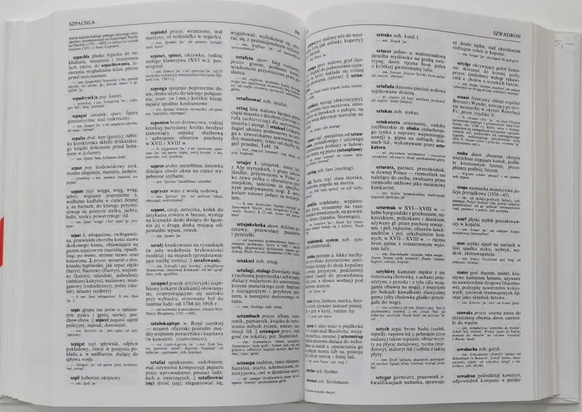 Stara książka z wyrazami obcymi, otwarta na stronie ze słowami na literę "S".