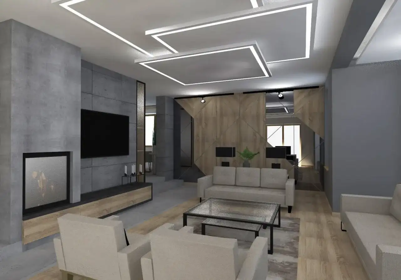 Nowoczesny salon z betonową ścianą, kominkiem i telewizorem. Geometryczne **ledy na suficie bez podwieszanego sufitu** tworzą unikalny klimat.