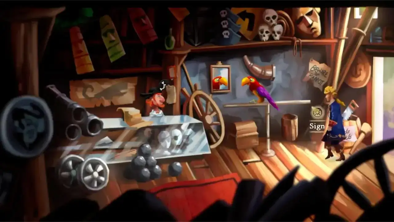 W sklepie z pamiątkami w Monkey Island 2 pirat rozmawia z papugą.