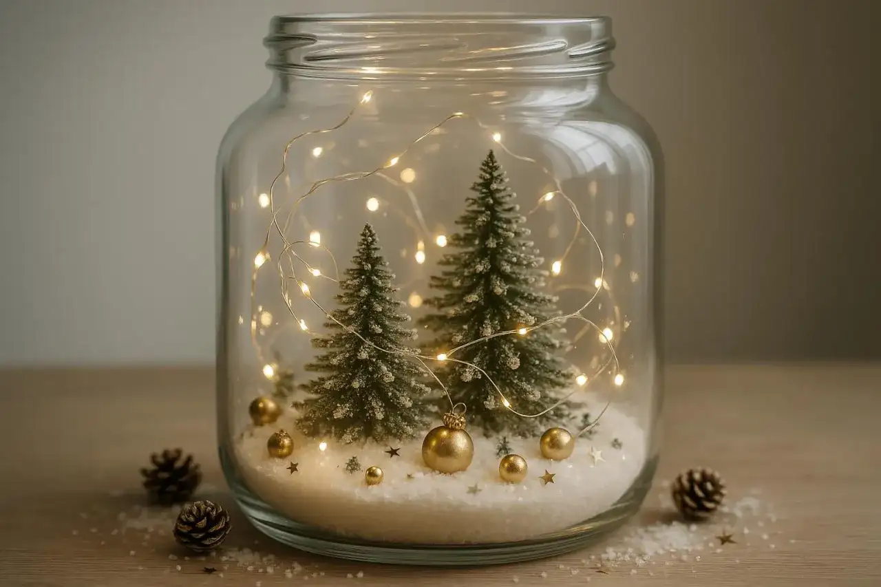 Świąteczna ozdoba w słoiku: miniaturowe choinki, złote bombki i lampki.
