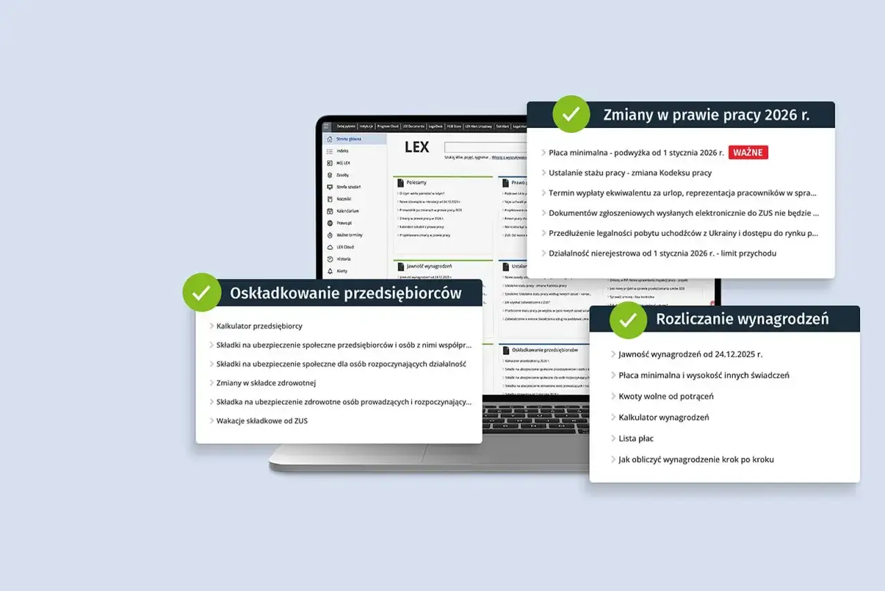 Ekran komputera z widokiem na zmiany w prawie pracy, składki i rozliczanie wynagrodzeń.