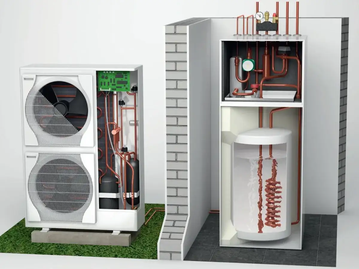 Schemat pompy ciepła. Zrozumienie, dlaczego pompa ciepła się wyłącza, wymaga analizy jej komponentów: jednostki zewnętrznej z wentylatorami i układem chłodniczym oraz jednostki wewnętrznej z zasobnikiem wody.