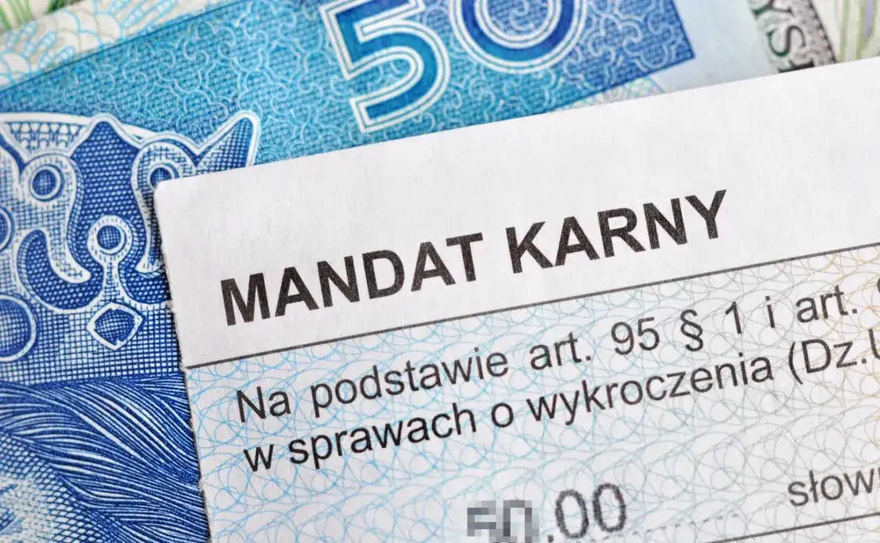 Zbliżenie na dokument "Mandat karny" leżący na polskich banknotach.