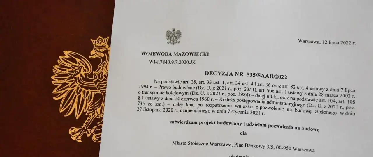 Decyzja Wojewody Mazowieckiego o pozwoleniu na budowę w Warszawie.