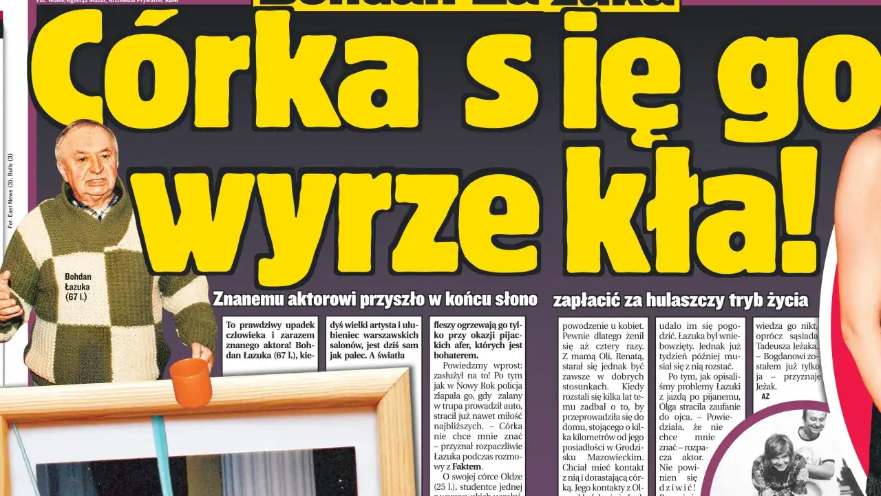 Bohdan Łazuka w swetrze w kratę, obok niego duży napis "Córka się go wyrzeźbiła!".