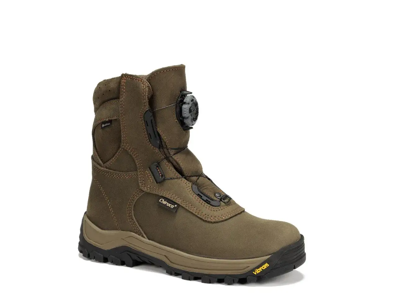 Brązowe buty do chodzenia po lesie z systemem BOA i membraną Gore-Tex. Solidna podeszwa Vibram zapewnia przyczepność.