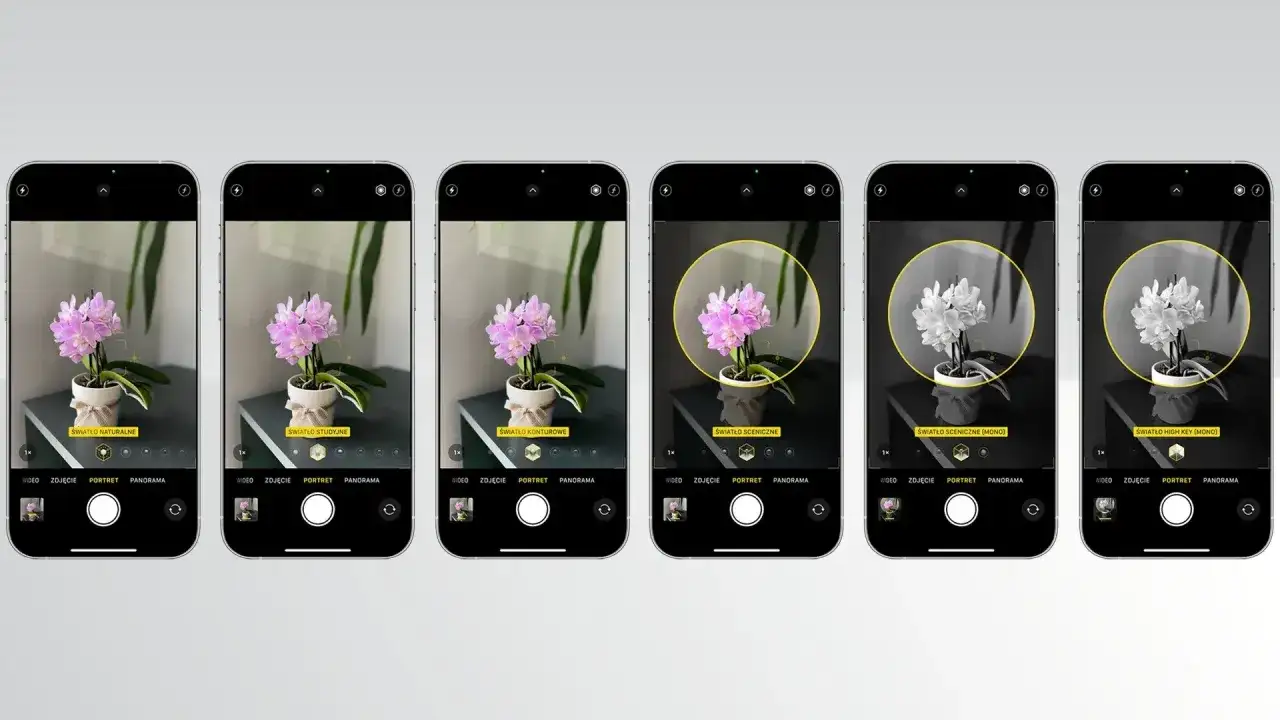 Sześć ekranów iPhone'a pokazuje, jak zrobić ładne zdjęcia, prezentując różne efekty oświetleniowe dla storczyka.