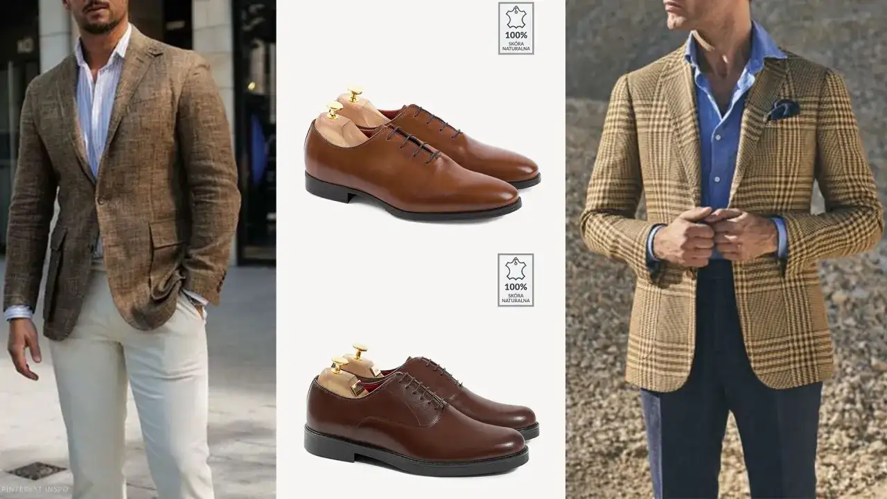 Mężczyzna w eleganckim brązowym garniturze i brązowe buty wizytowe.