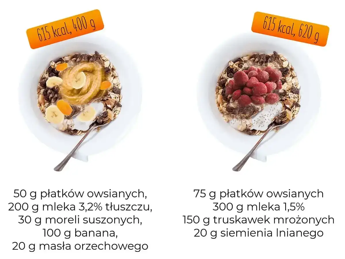 Dwie miski płatków owsianych z dodatkami. Jedna z bananem i masłem orzechowym, druga z truskawkami. Sprawdź, ile kalorii ma miska płatków z mlekiem.