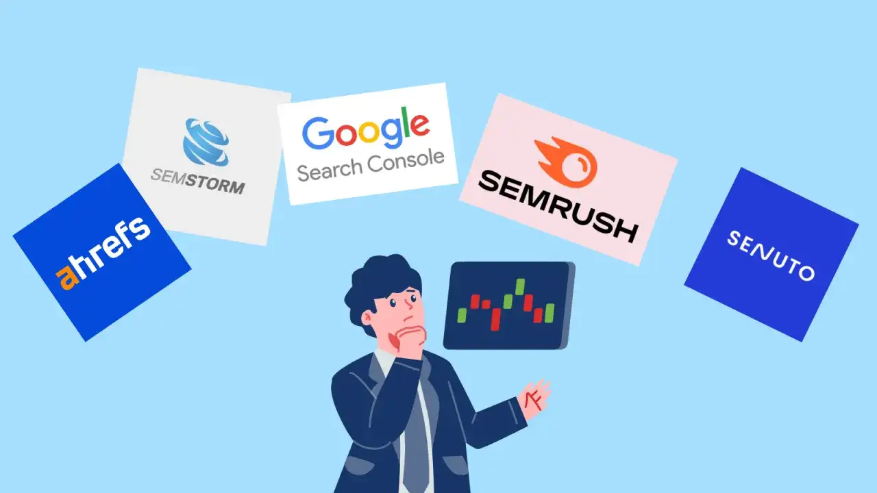 Biznesmen zastanawia się nad wyborem narzędzi SEO: Ahrefs, SEMrush, Senuto, SEMstorm i Google Search Console.