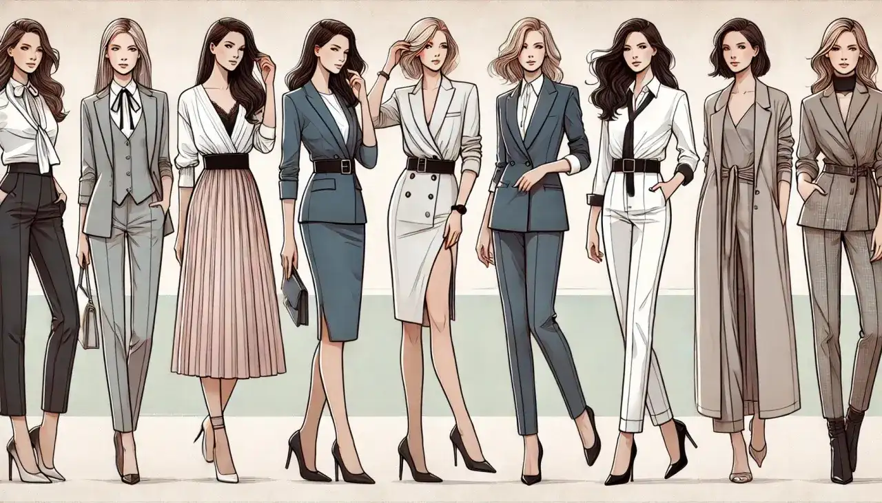 Kobiety prezentują elegancki styl biznesowy w różnych strojach: garnitury, spódnice i płaszcze.