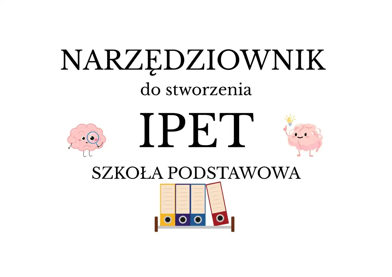 Grafika z mózgami, napisem "IPET" i segregatorami.