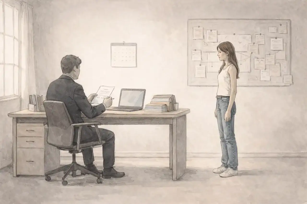 Mężczyzna w garniturze siedzi przy biurku, a obok niego stoi młoda kobieta.