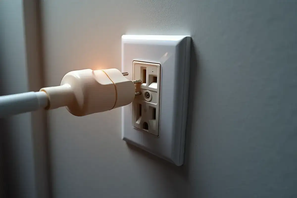 Wtyczka w gniazdku, gotowa do dostarczenia prądu. Zastanawiasz się, jaki prąd jest w gniazdkach? To zależy od kraju, ale zazwyczaj jest to prąd zmienny.