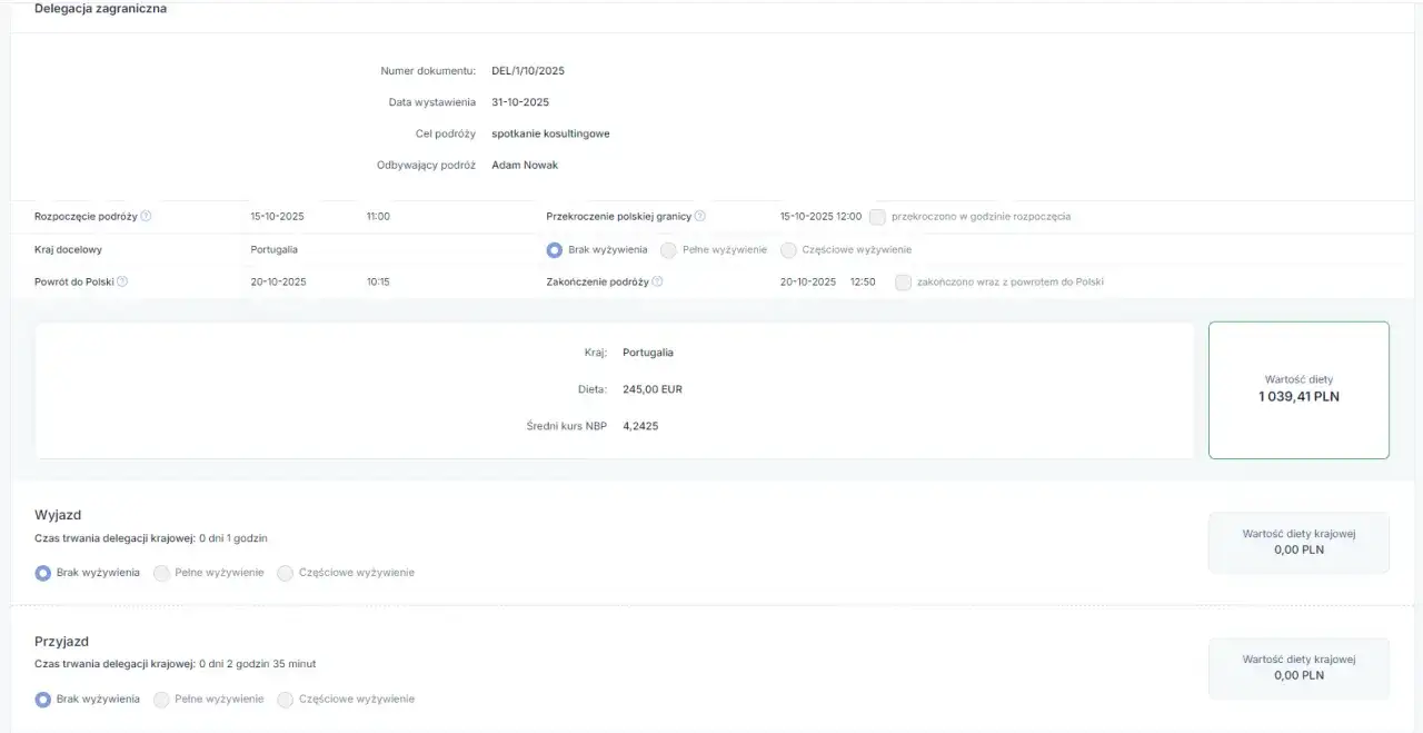 Formularz delegacji zagranicznej do Portugalii z podsumowaniem kosztów diety.