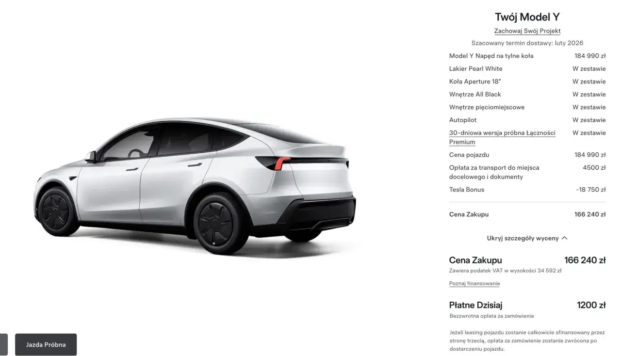 Tesla Model Y 2026: Cena od 166 240 zł! Jak zyskać dotacje?