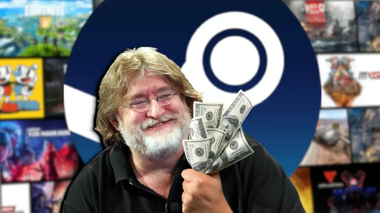 Gabe Newell z plikiem banknotów, na tle logo Steam i gier. Zastanawiasz się, ile trwa zwrot pieniędzy na Steam?