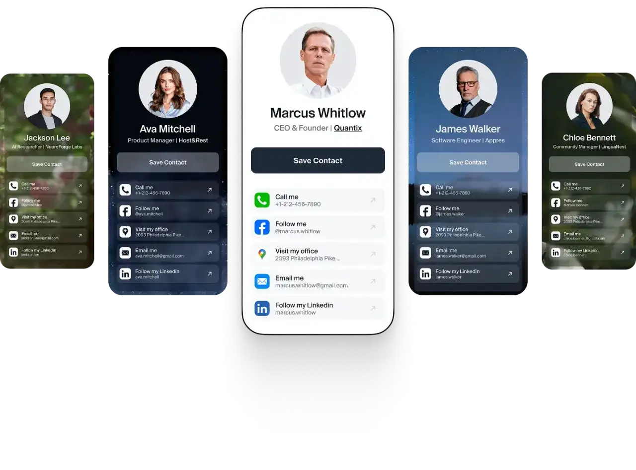 Wizytówki cyfrowe z danymi kontaktowymi, w tym opcją "Save Contact" i linkami do mediów społecznościowych, tworzą spersonalizowany vanity url.