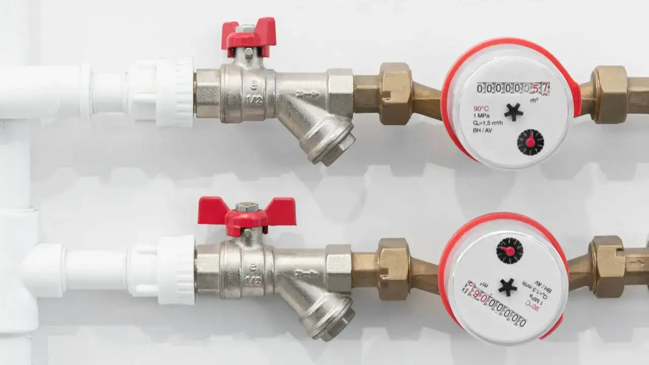 Dwa wodomierze z czerwonymi zaworami pokazują, ile wody wchodzi do wanny.