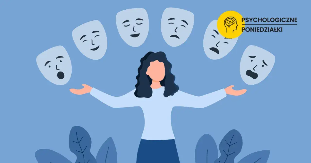 Kobieta otoczona maskami wyrażającymi różne uczucia i emocje. Symbolizuje złożoność ludzkiej psychiki.