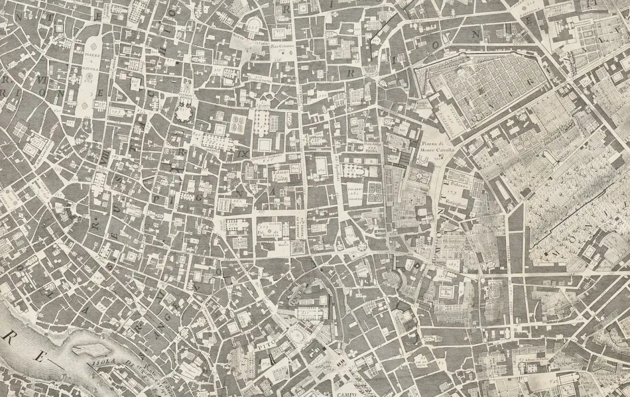 Stary plan zagospodarowania terenu z zaznaczonymi ulicami, placami i budynkami. Widać fragmenty Rzymu z epoki.