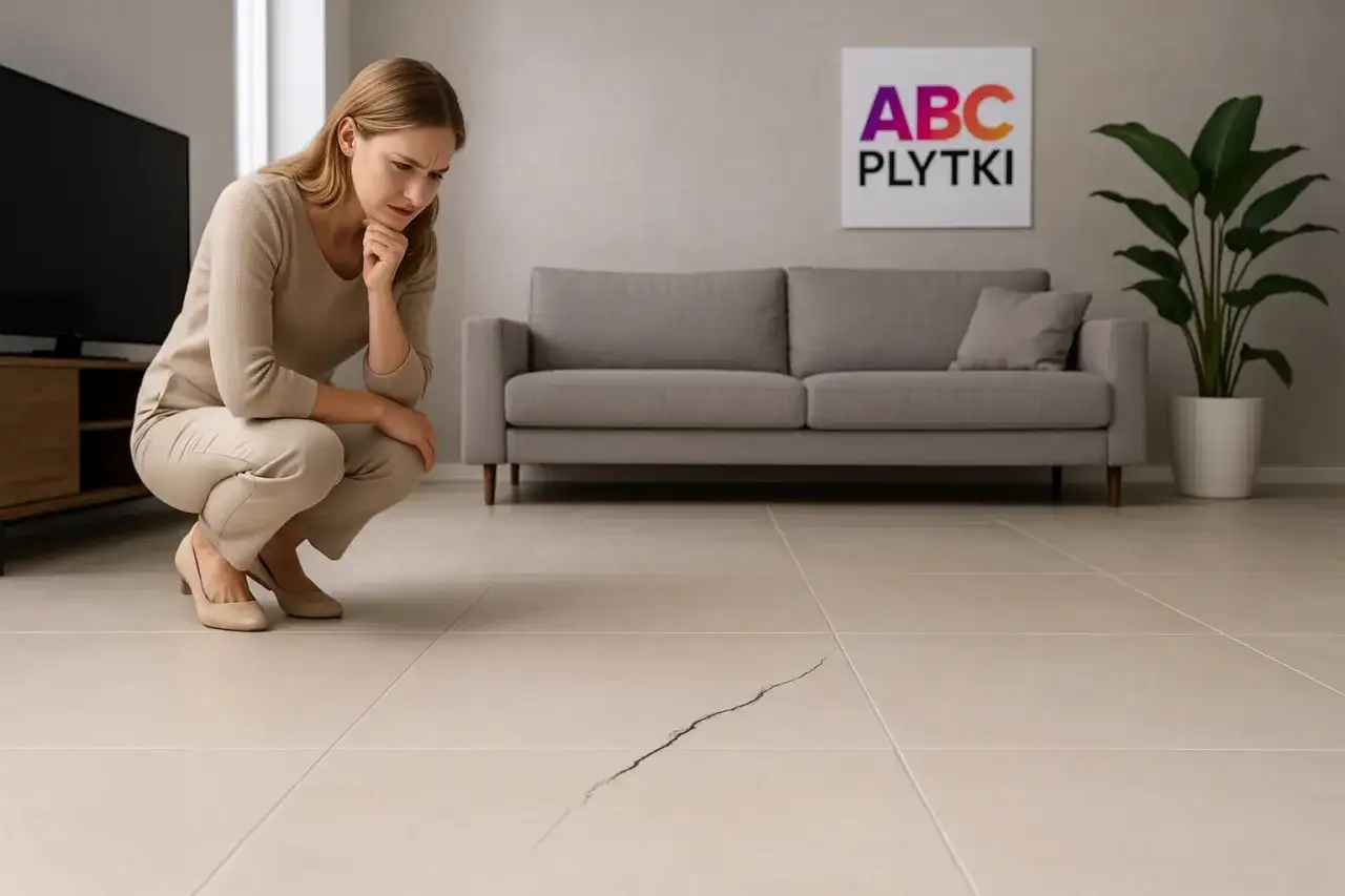 Zastanawiasz się, jak usunąć płytki z płyty gipsowej? Kobieta przygląda się pękniętej płytce na podłodze w salonie.