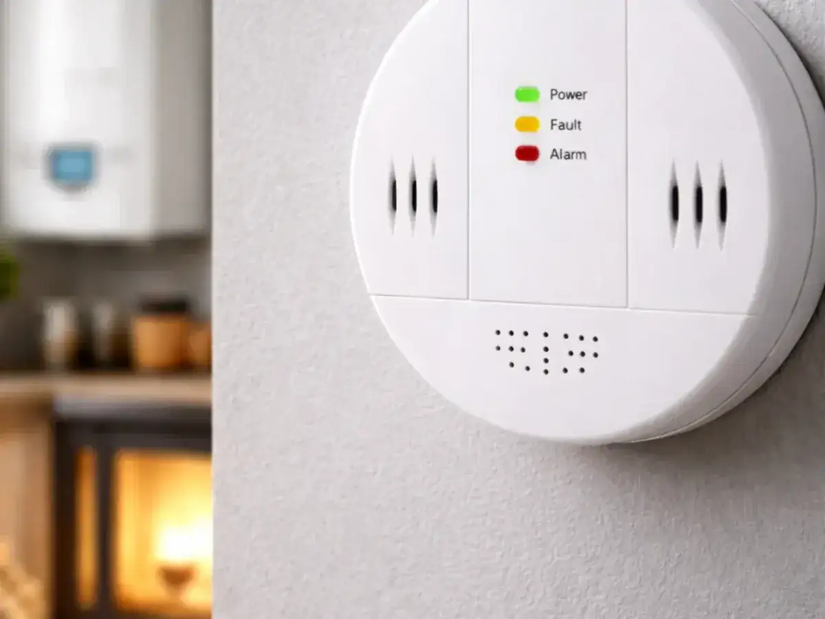 Czujnik czadu na ścianie, idealne miejsce do montażu w kotłowni. W tle piec i bojler.