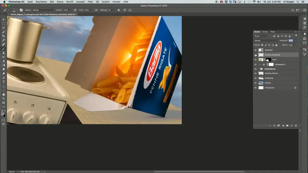 Jak zrobić cienie w Photoshopie: warstwy z cieniem pudełka makaronu Barilla i kuchenką.