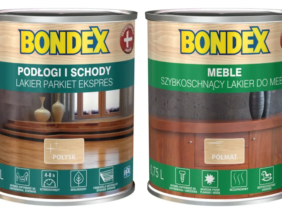 Dwa puszki lakieru Bondex: jeden do podłóg i schodów (lakier parkiet ekspres), drugi do mebli (szybkoschnący).