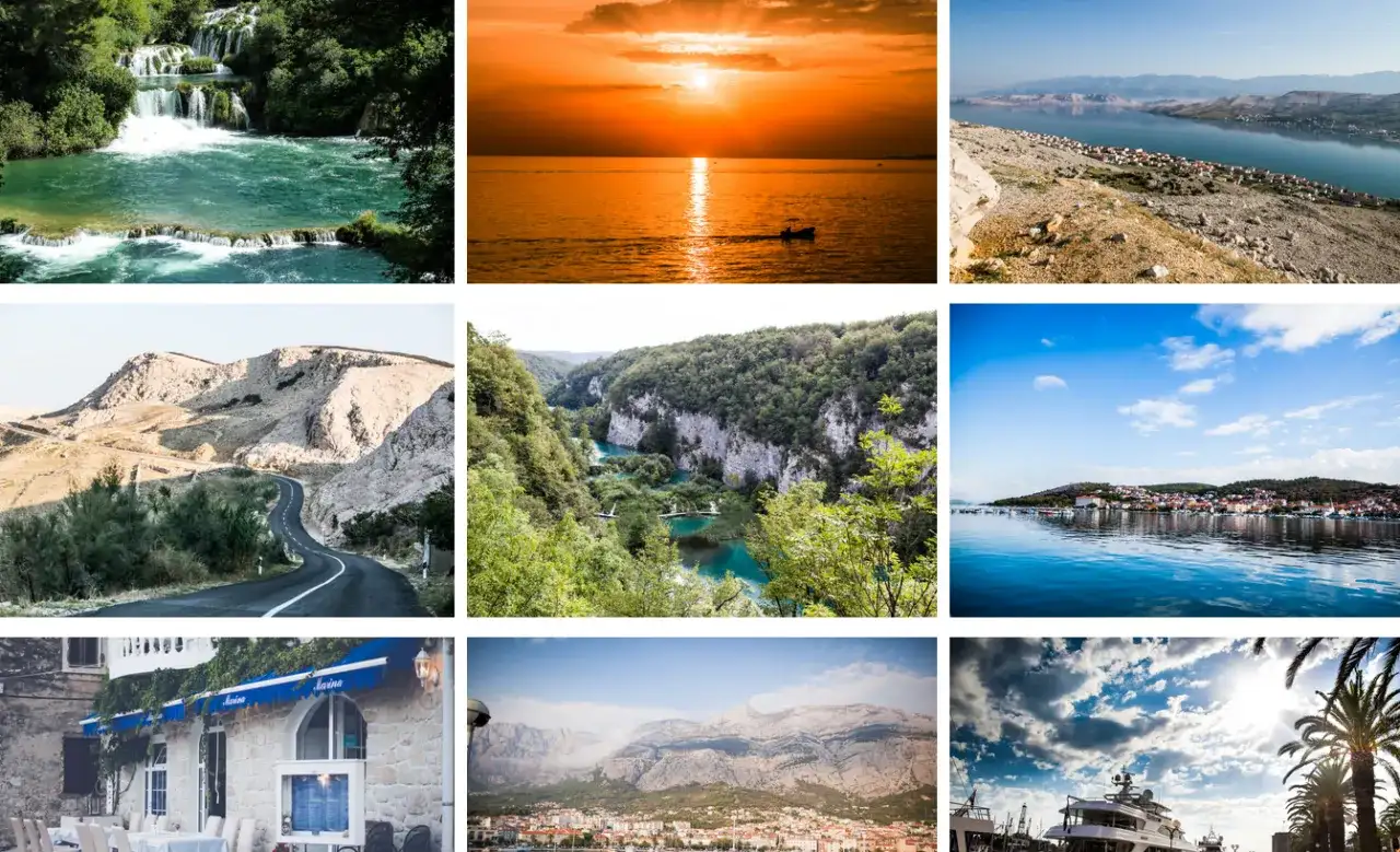 Kolaż zdjęć z Chorwacji: wodospady, zachód słońca, wybrzeże, góry, miasteczka.